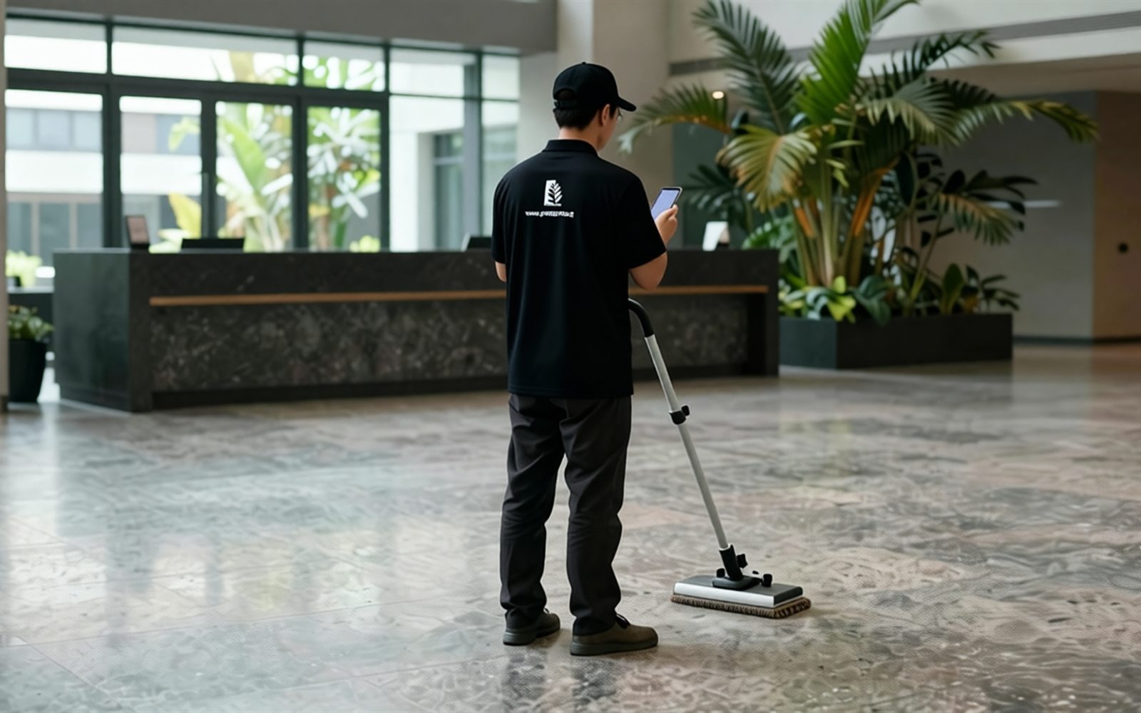 cms-hero-card A GGIS cleaning specialist checking his task list on a phone while working a polished stone floor in a corporate lobby