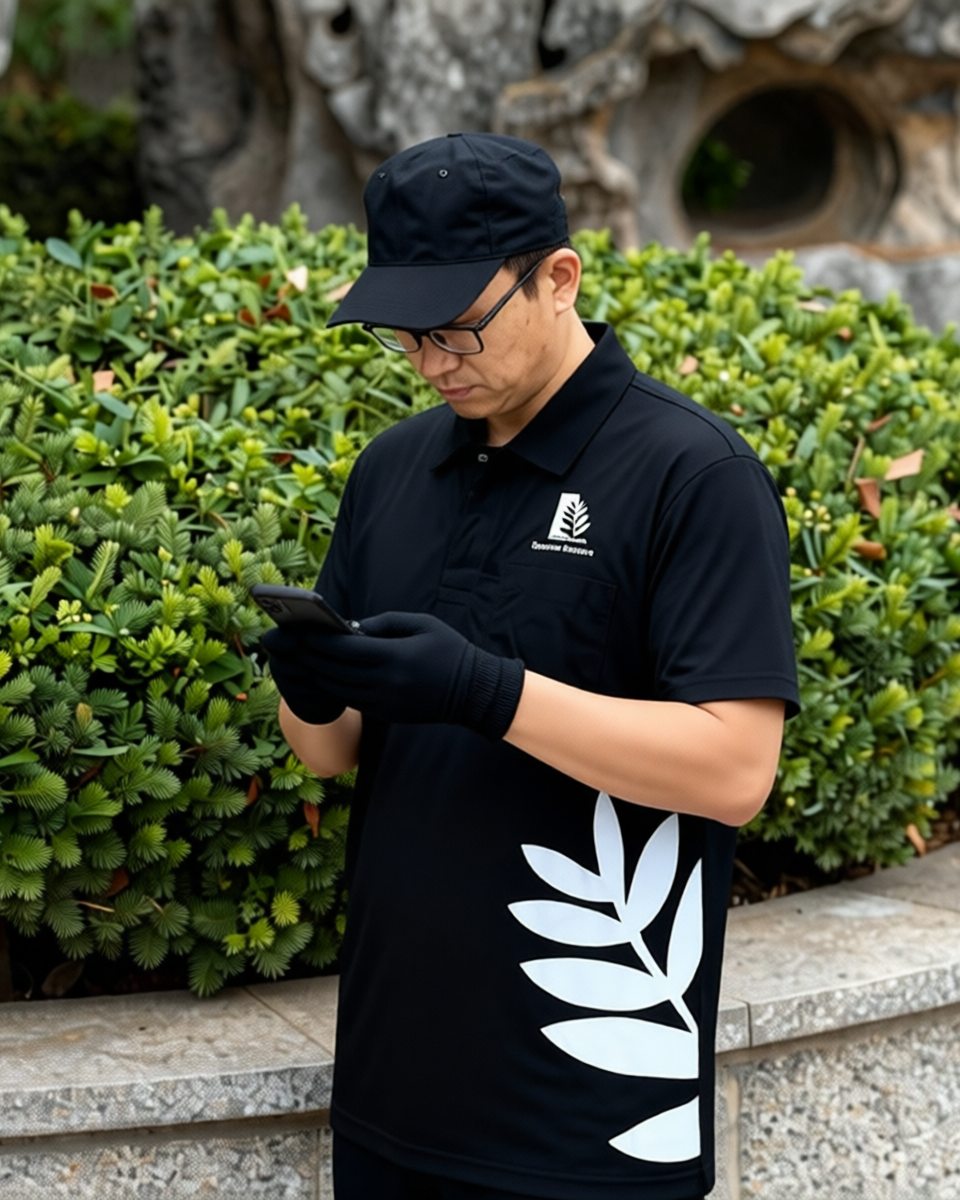 service-ai-attendance A GGIS crew member in the black GreenGarden uniform checking in on a smartphone