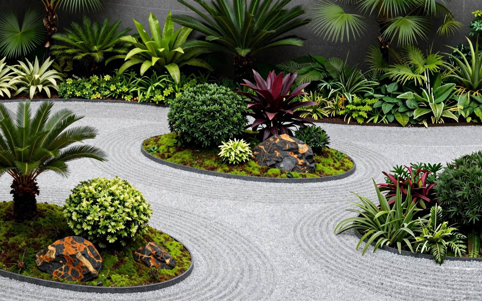 service-landscape-card A courtyard garden seen from above — raked pale gravel sweeping between planted islands of palms, boulders and tropical foliage